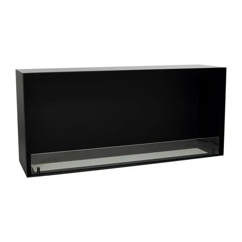 Modern black bioethanol fireplace insert with tempered glass panel for stabilizing flames and elegant design.
