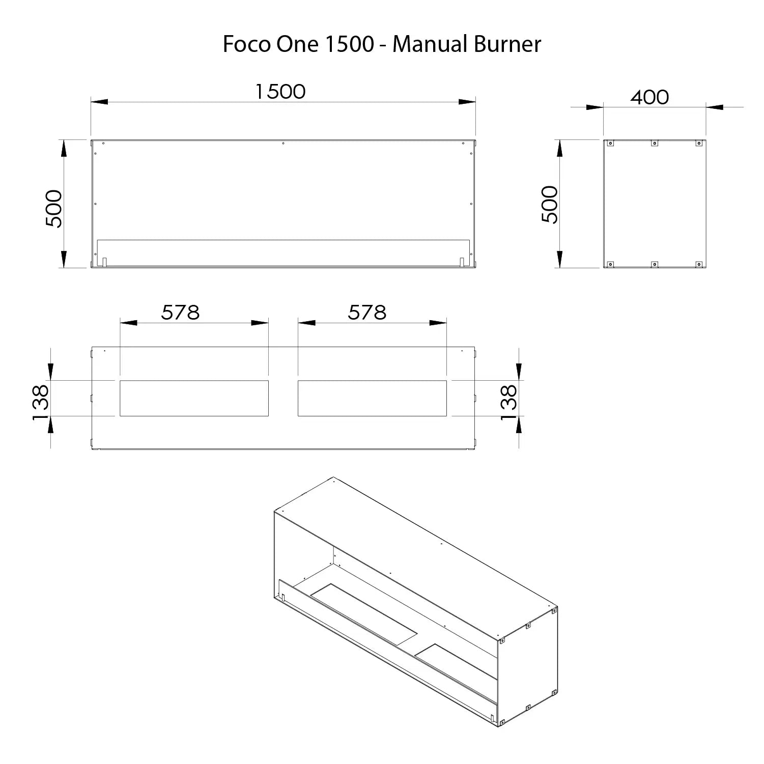 Technical diagram of Foco One 1500 bioethanol fireplace dimensions and specifications.