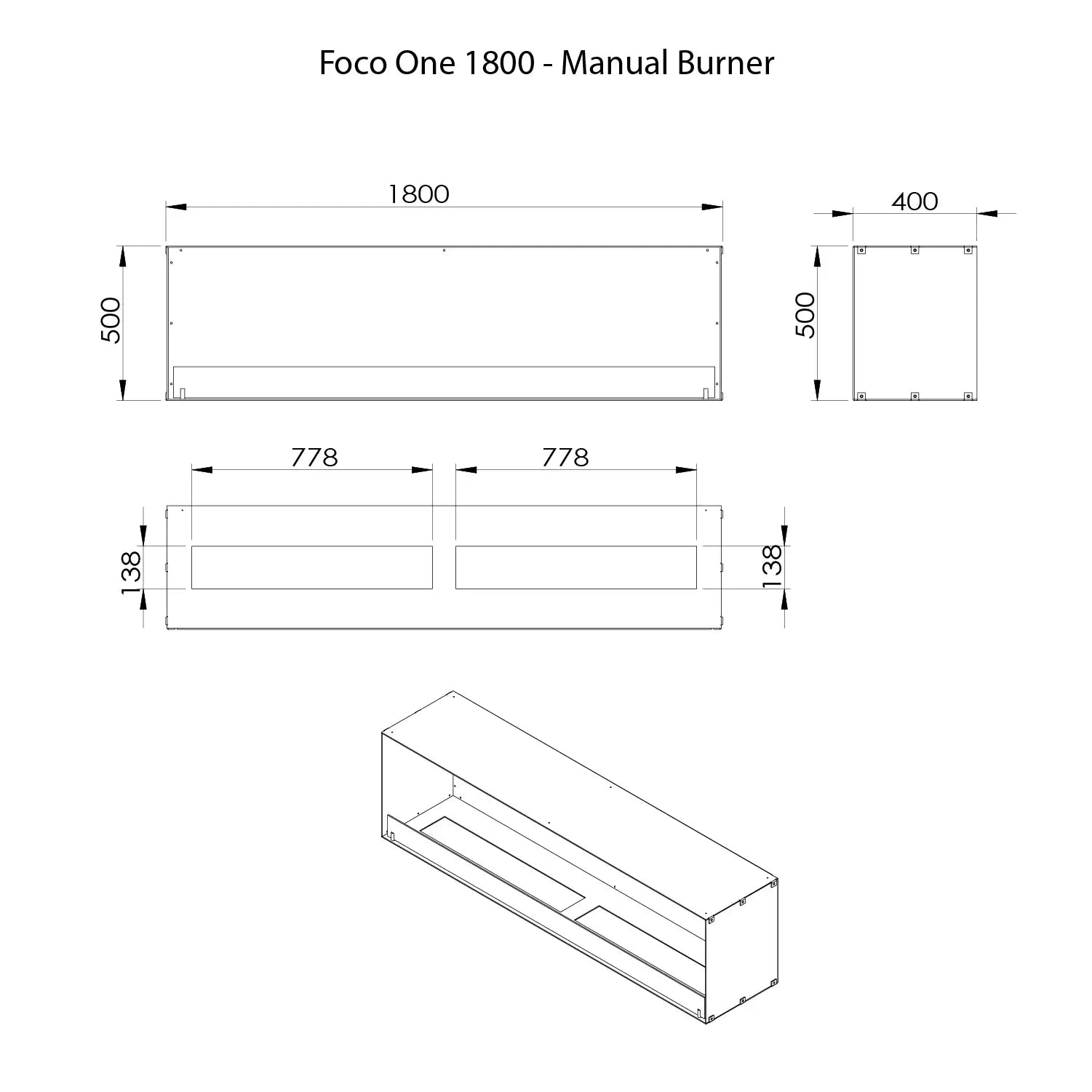 Dimensions and design specifications for the Foco One 1800 bioethanol fireplace manual burner.