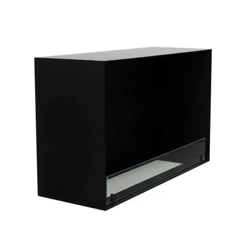 Built-in bioethanol fireplace insert with sleek black design and glass front, ideal for modern interiors.