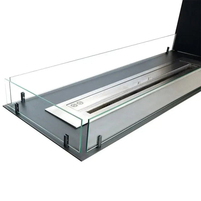 Bioethanol fireplace insert with tempered glass panels and stainless steel burner, sleek modern design.