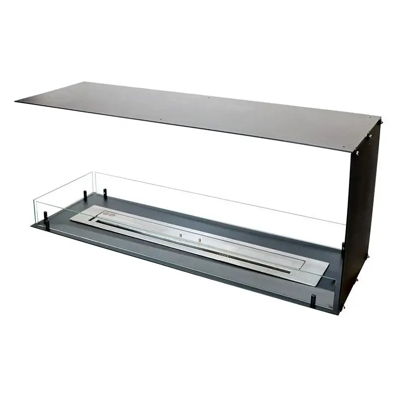 Bioethanol fireplace insert Foco Room Divider 1200 with stainless steel burner and glass panels, modern design and safety features.