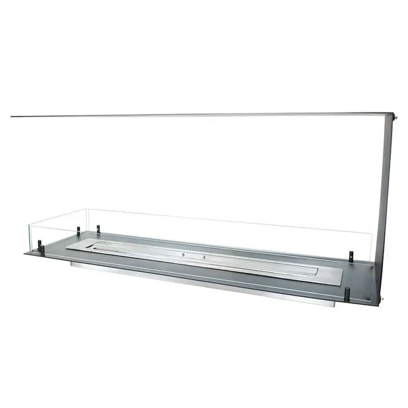 Sleek bioethanol fireplace insert with stainless steel frame and glass panels, ideal for modern decor and efficient heating.