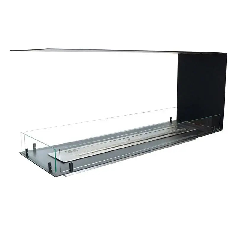 Sleek bioethanol fireplace insert with stainless steel base and tempered glass panels, perfect for modern living spaces.