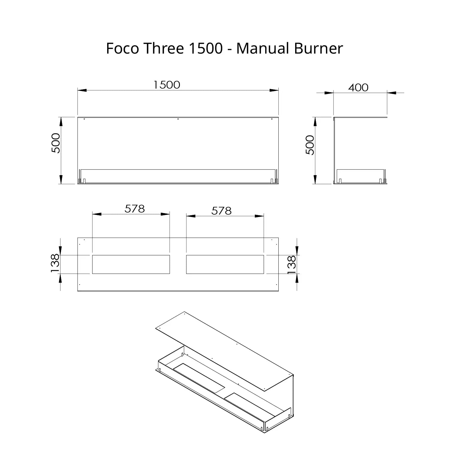 Foco Three 1500 manual burner dimensions and design specifications for bioethanol fireplace.