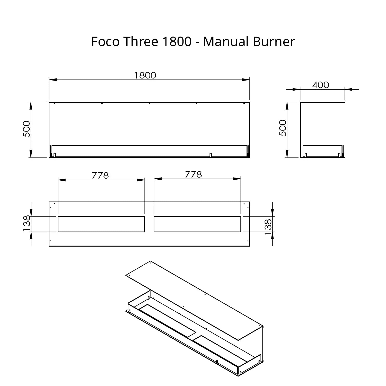 Dimensions and design specifications of the Foco Three 1800 bioethanol fireplace manual burner.