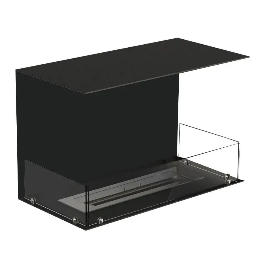 Modern black bioethanol fireplace with tempered glass panels and sleek design for indoor heating and ambiance.