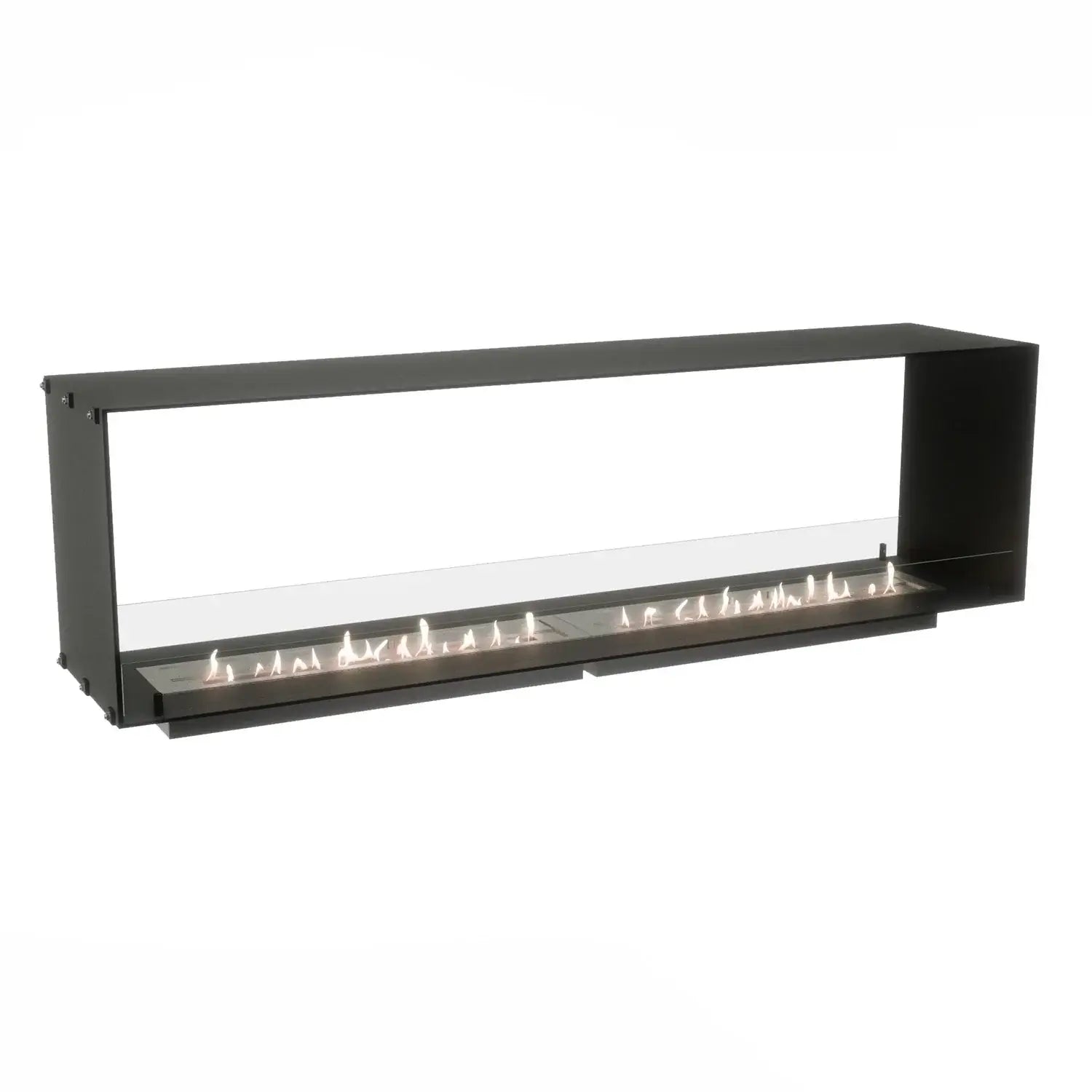 Sleek black bioethanol fireplace, Foco Two 1800, featuring a glass panel and stainless steel burner for a modern home.