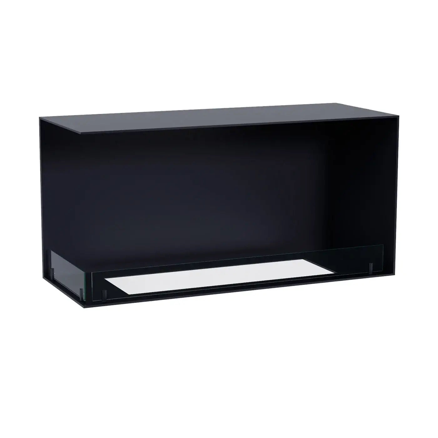 Modern black bioethanol fireplace insert for corner installation, designed for contemporary interiors.