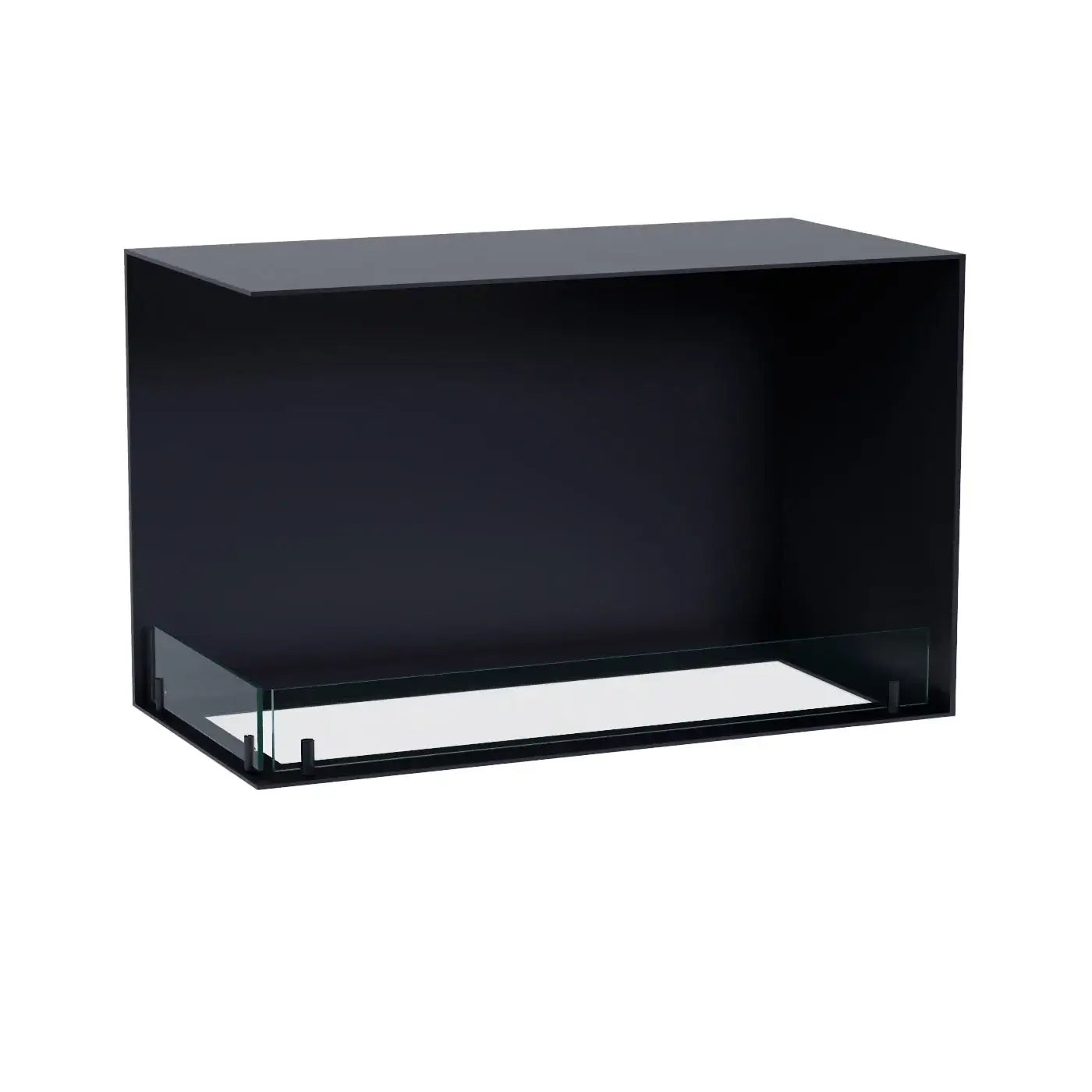 Modern black bioethanol fireplace insert featuring a sleek design with tempered glass for built-in installation.