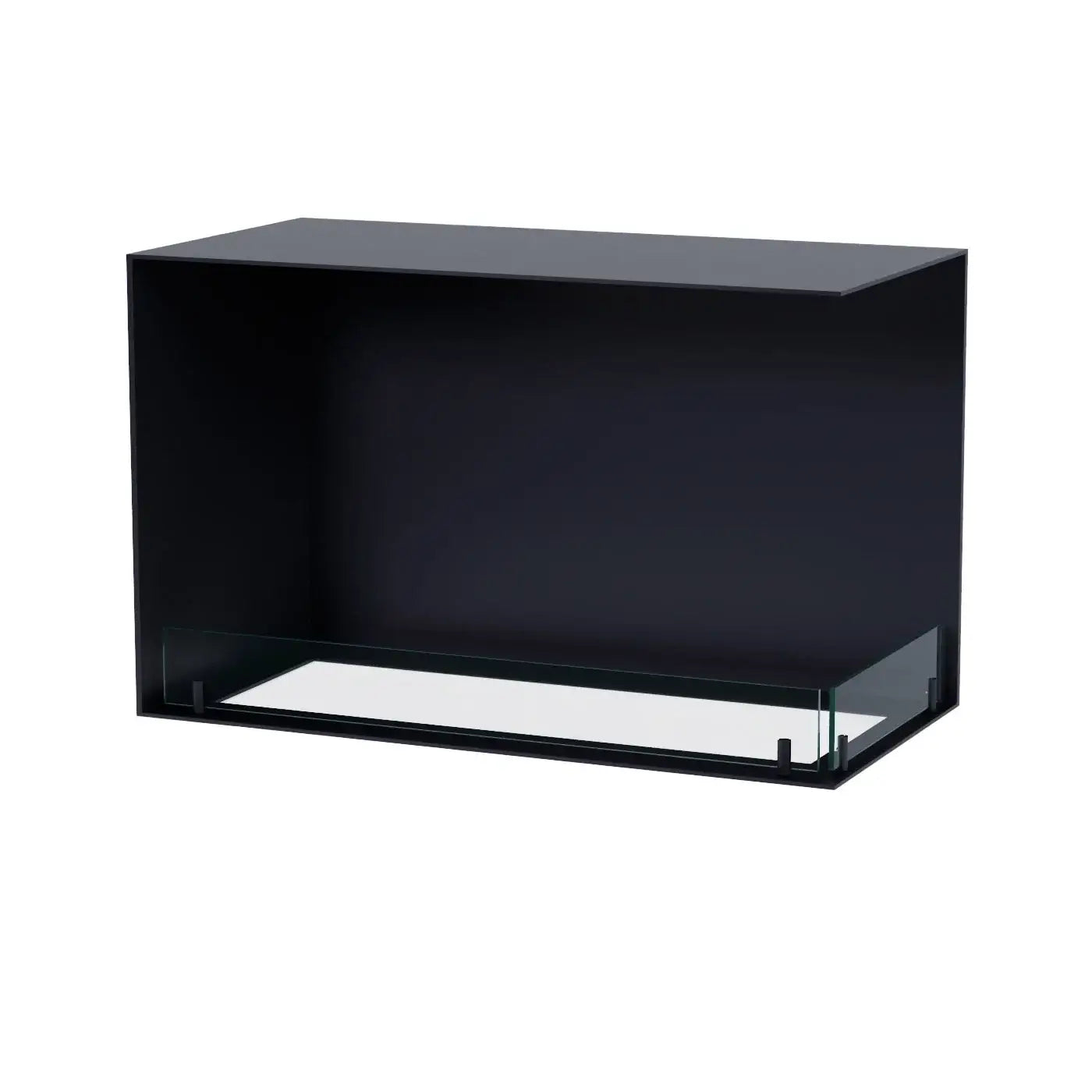 Bioethanol fireplace insert with a sleek black design and tempered glass base, perfect for modern built-in installations.