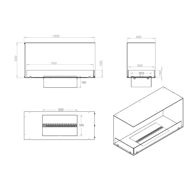 Dimensions and design schematic of the Foco Myst Corner Left 1000 water vapour fireplace.