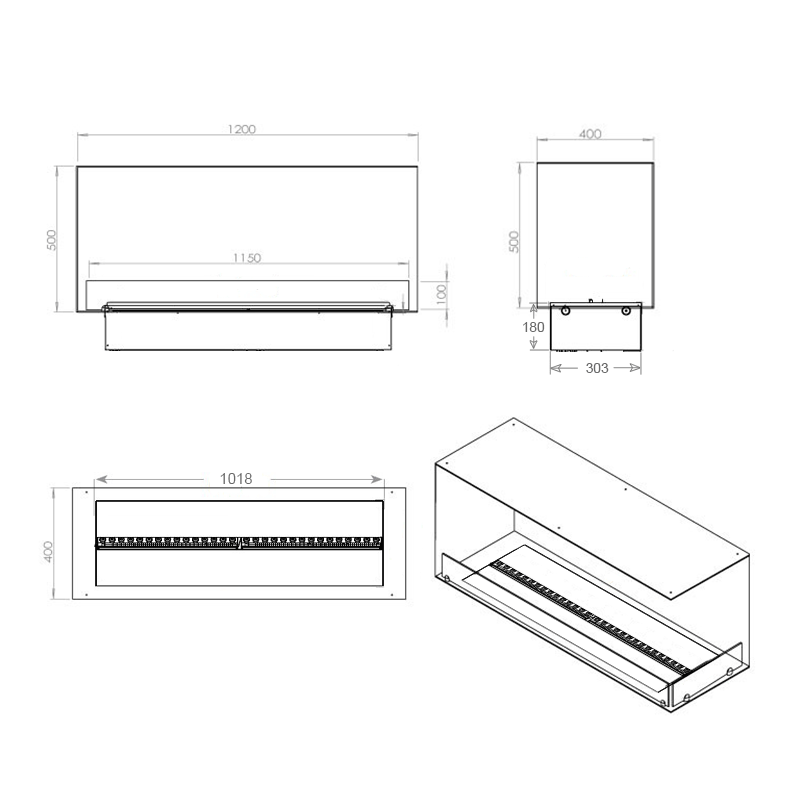 Technical drawing of Foco Myst Corner Right 1200 fireplace with dimensions and design details.