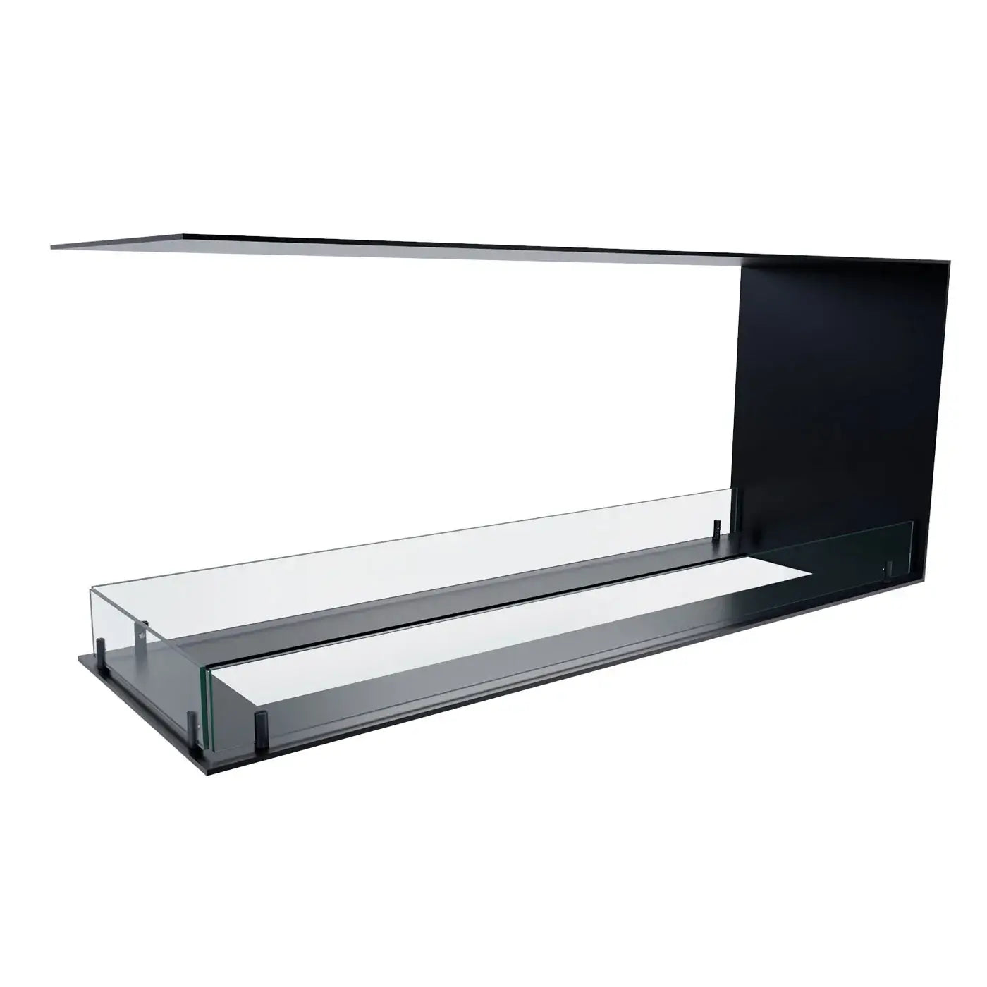 Sleek black bioethanol fireplace room divider with tempered glass panels for modern home decor.
