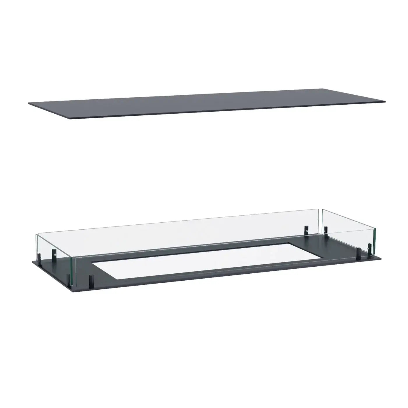 Bioethanol fireplace insert design featuring a sleek black base and tempered glass top, ideal for modern interiors.