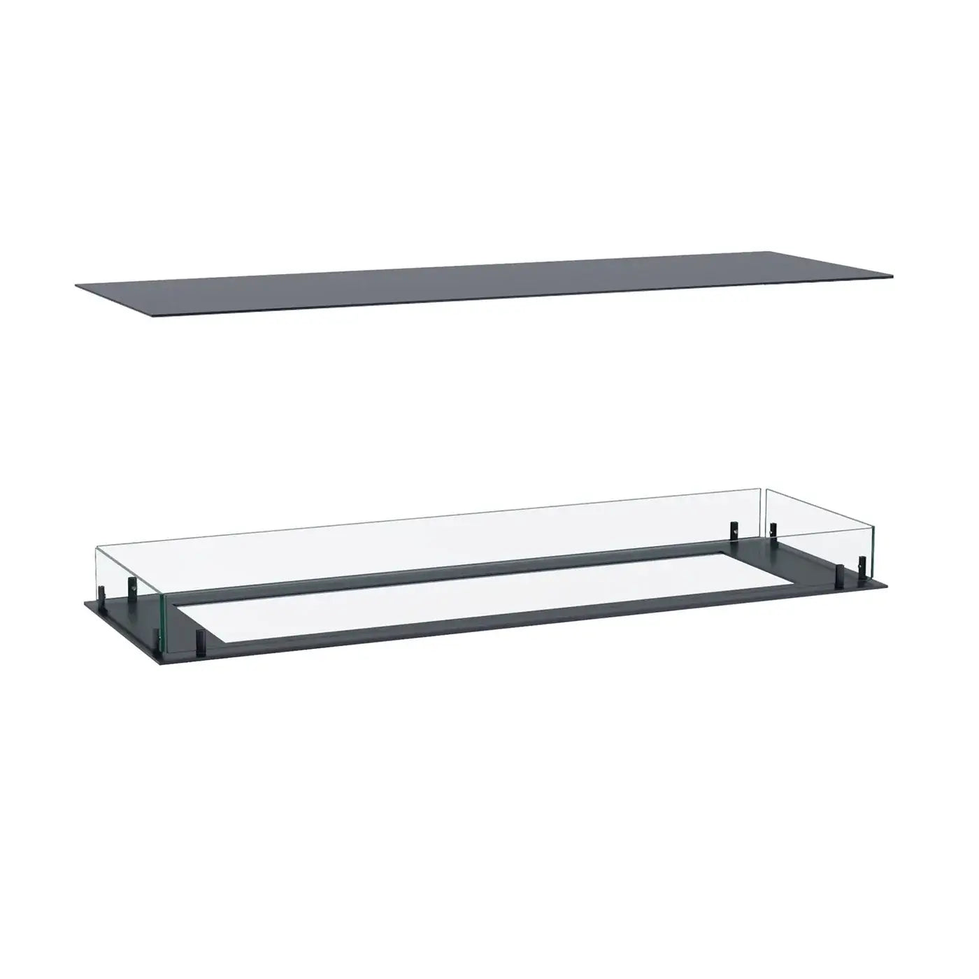 Bioethanol fireplace insert components featuring a glass base and a flat cover for elegant built-in installations.