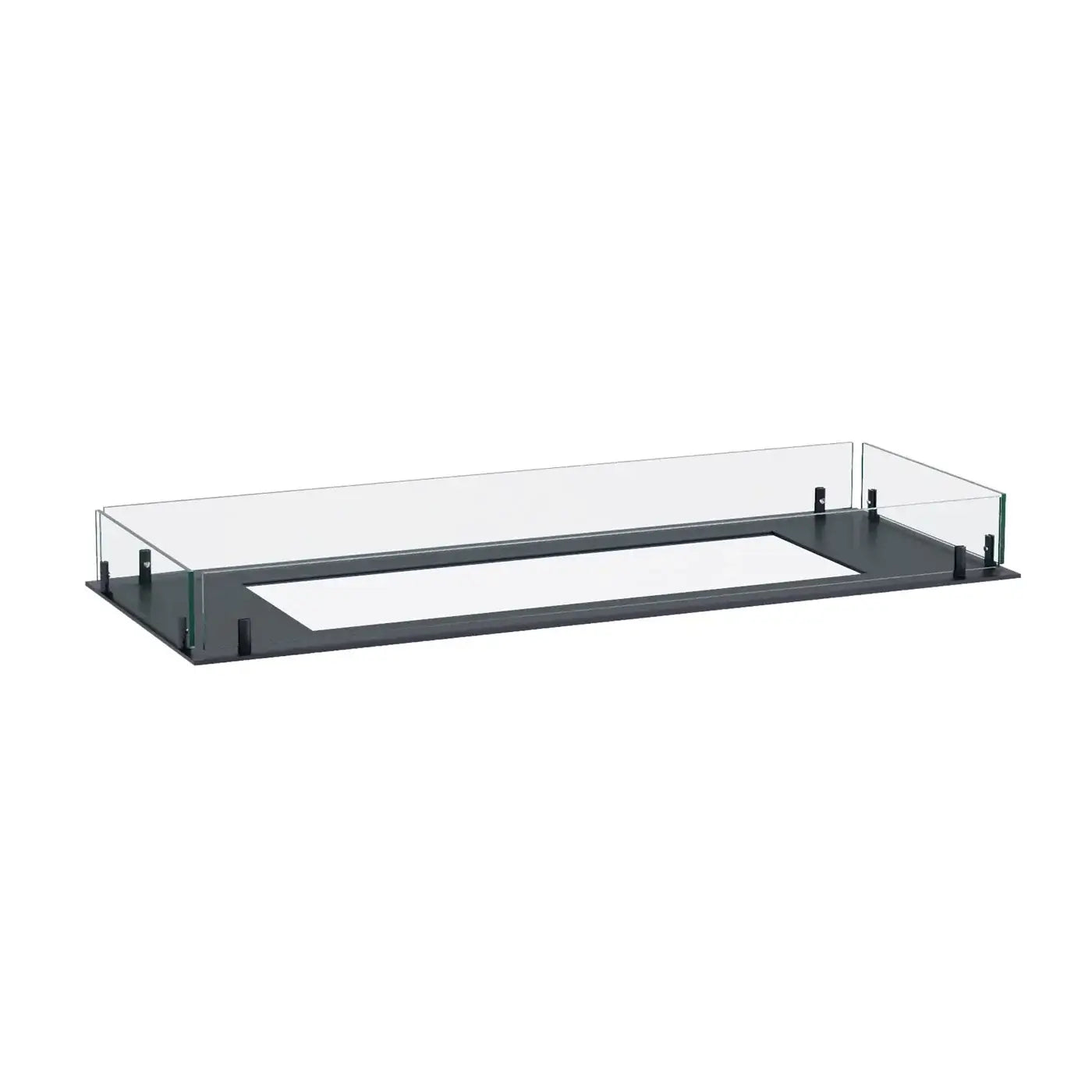 Modern bioethanol fireplace insert with sleek glass sides and black base, designed for contemporary living spaces.