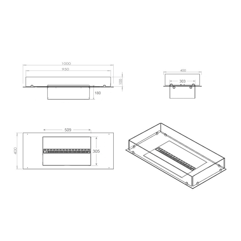 Technical drawing of Foco Myst Free 1000 water vapour fireplace dimensions and design specifications.