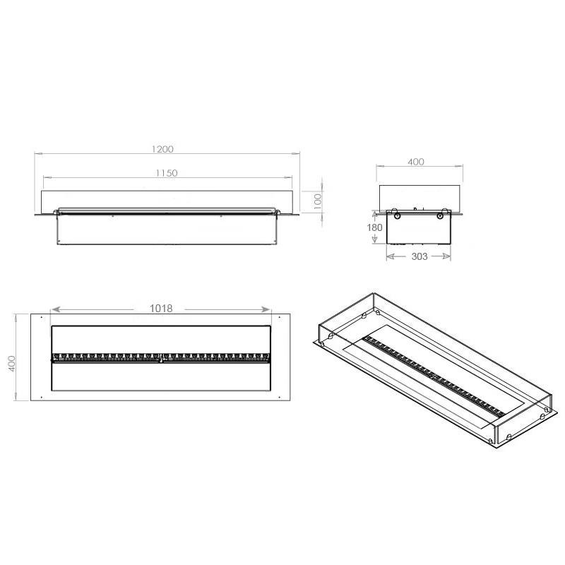 Technical drawing of Foco Myst Free 1200 fireplace showcasing dimensions and design details.