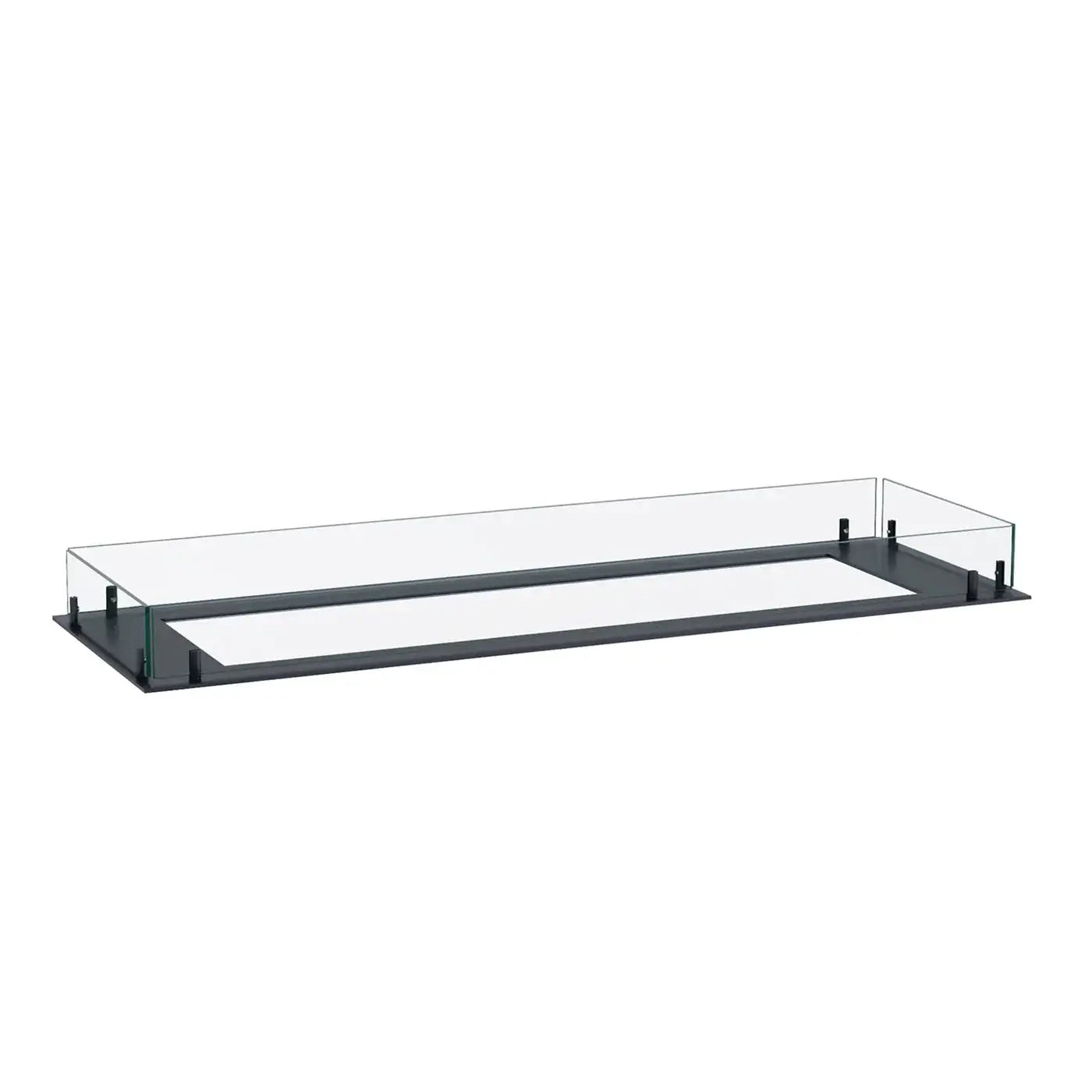 Modern bioethanol fireplace insert with glass surround and stainless steel base, perfect for a sleek home design.
