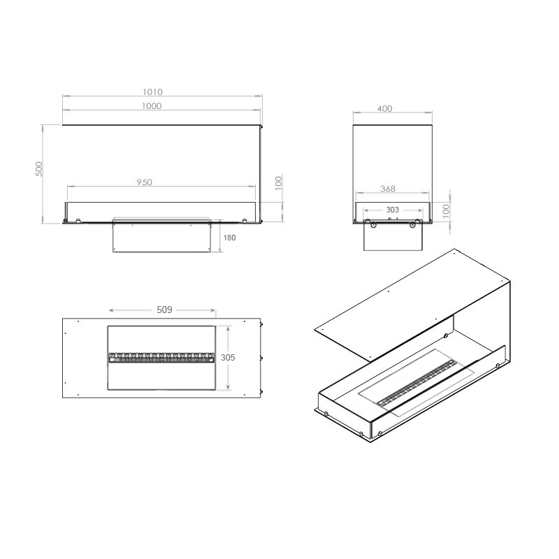 Dimensions and design schematic of the Foco Myst Room Divider 1000 water vapour fireplace.