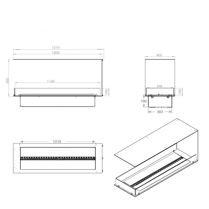 Foco Myst Room Divider 1200 dimensions and technical drawing showcasing modern fireplace design.
