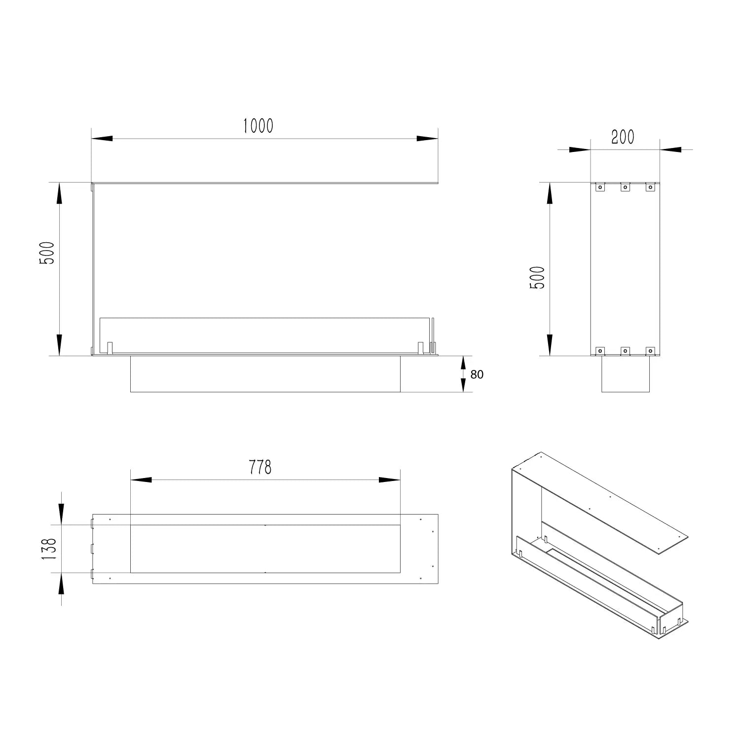 Dimensions of the Fireplace Foco Room Divider 1000 Slim bioethanol fireplace, showing width, height, and depth specifications.