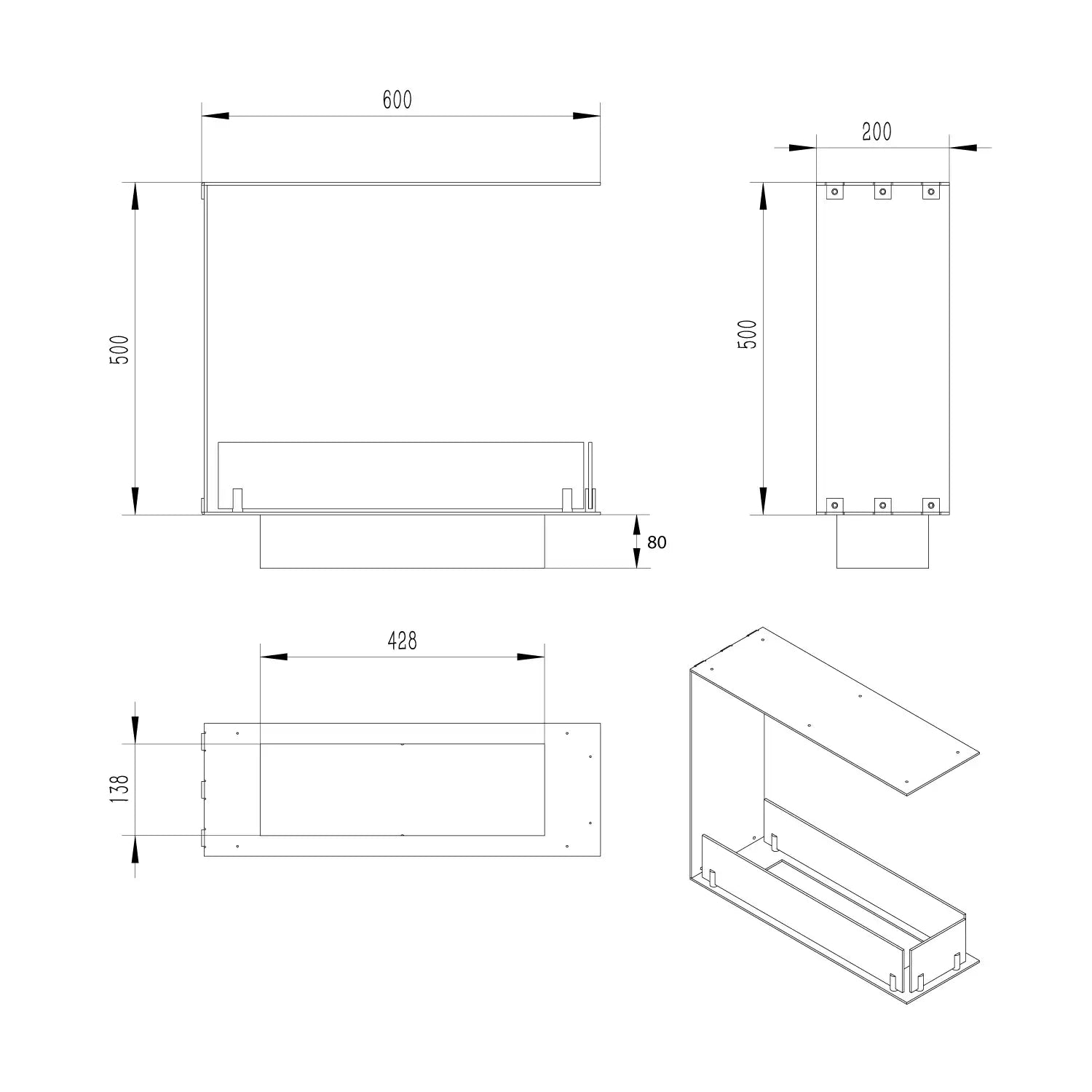 Dimensions and design schematic of the Fireplace Foco Room Divider 600 Slim bioethanol fireplace.