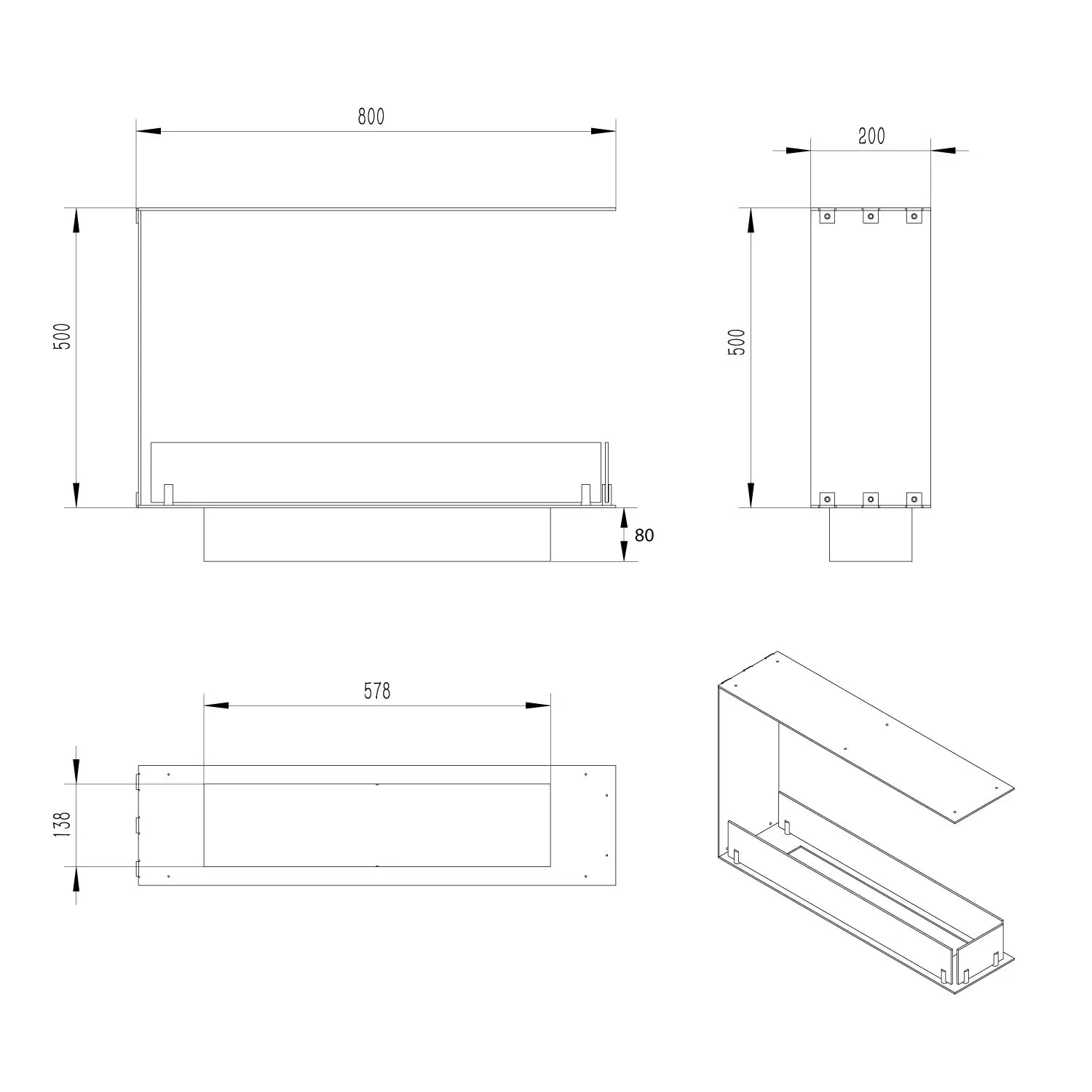 Diagram showing dimensions of the Fireplace Foco Room Divider 800 Slim with bioethanol burner.