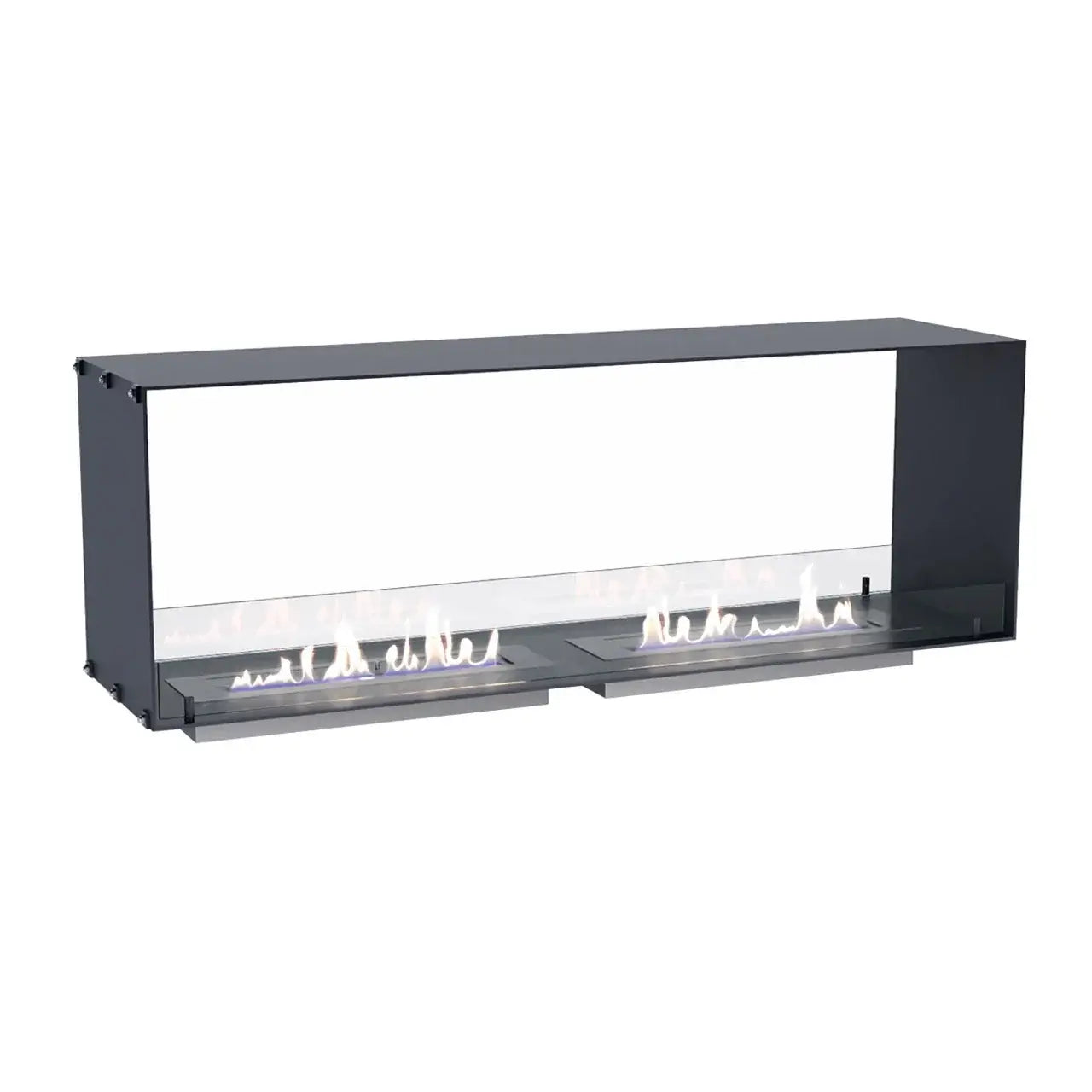Bioethanol fireplace Foco Two 1500 with stainless steel and glass design, featuring dual 3.5L burners for modern elegance.