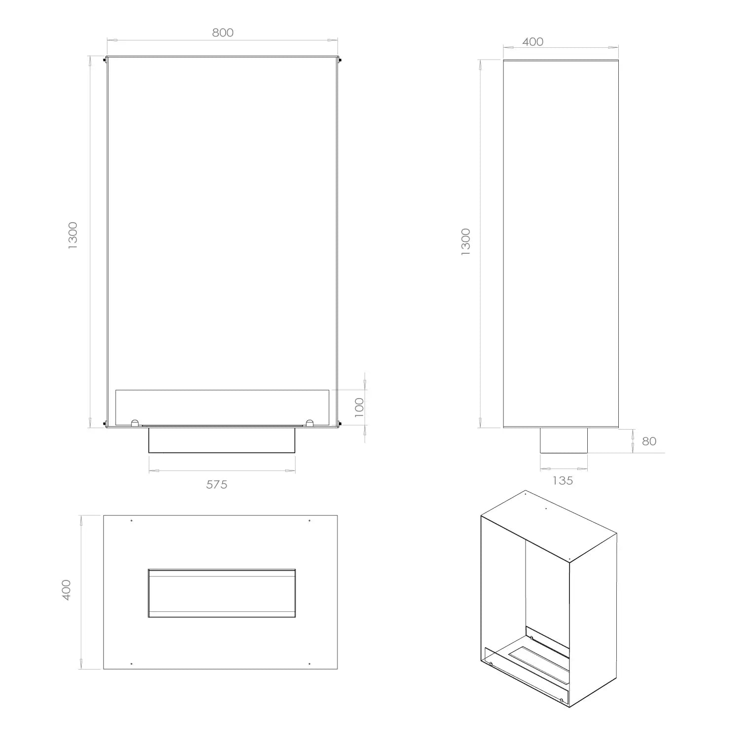 Dimensions and design blueprint of the Foco Two 800 Tall bioethanol fireplace, showcasing its sleek structure and measurements.