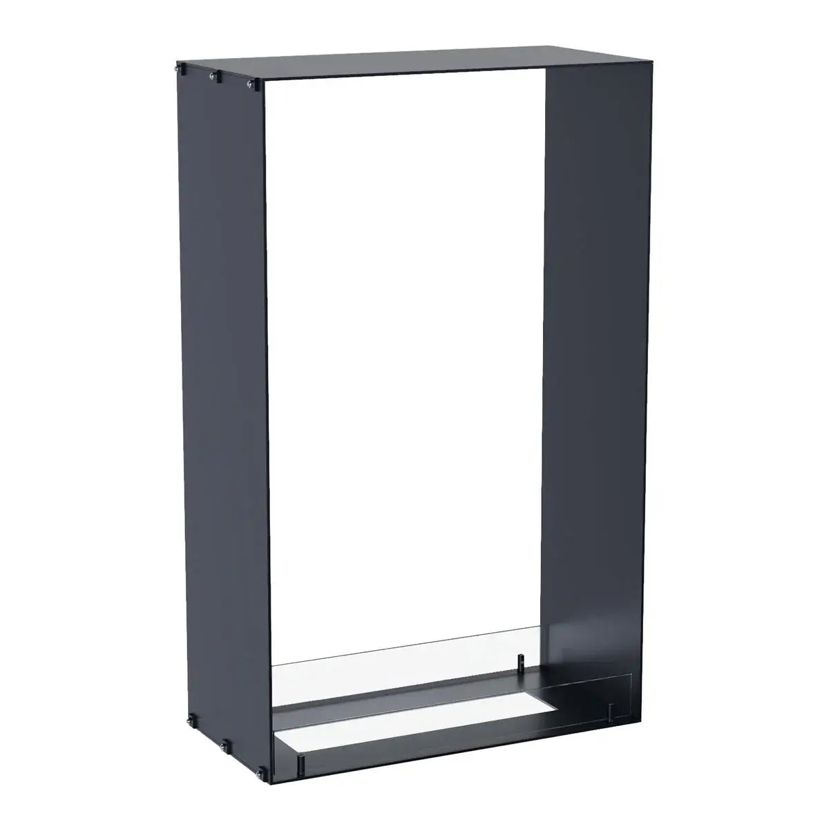 Modern bioethanol fireplace insert made of powder-coated steel with tempered glass panels for safety.