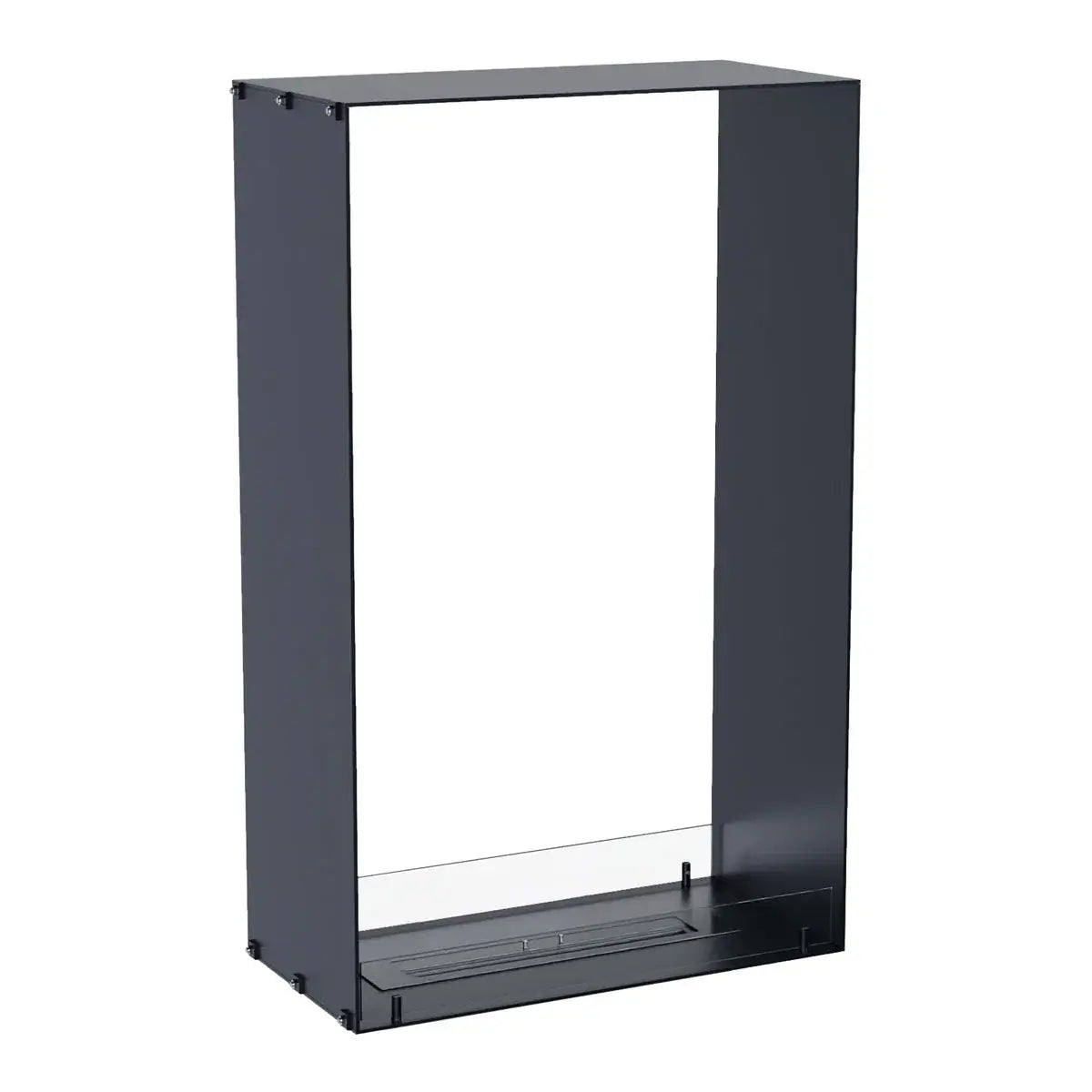 Modern bioethanol fireplace insert in sleek black design with tempered glass for safety and stability.