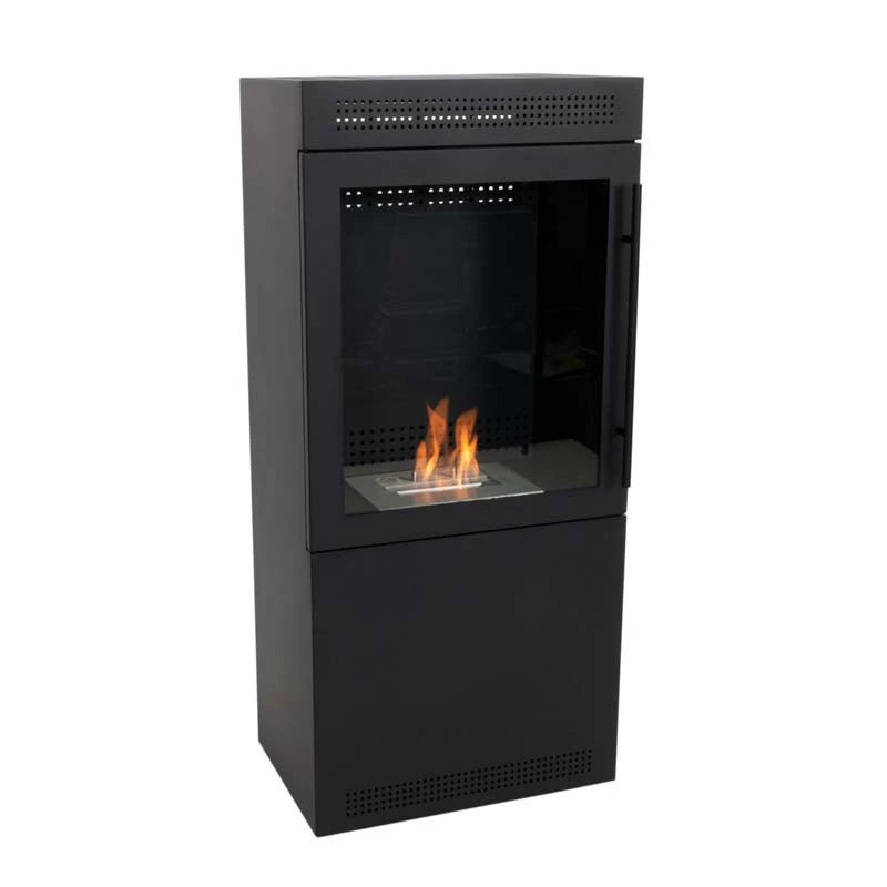 Jackson square bioethanol stove with glass front and flames, freestanding design for indoor use.