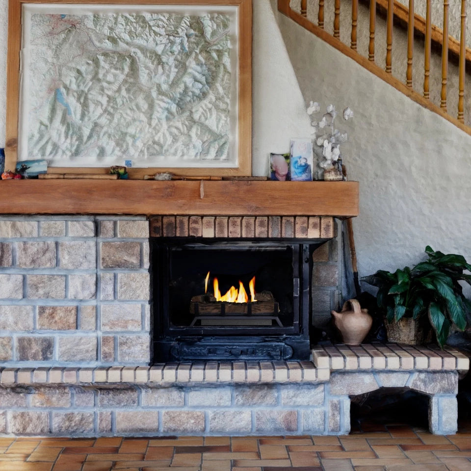 Cozy living room with stone fireplace, featuring flames and decorative plants, perfect for modern bioethanol fire solutions.