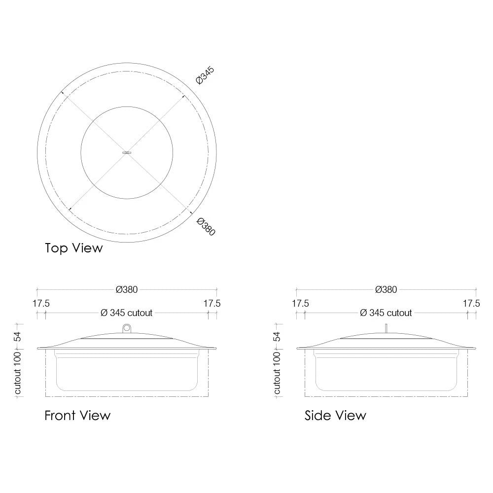 Top, front, and side views of Icon Fires Round RD380 bioethanol burner with dimensions and cutout specifications.