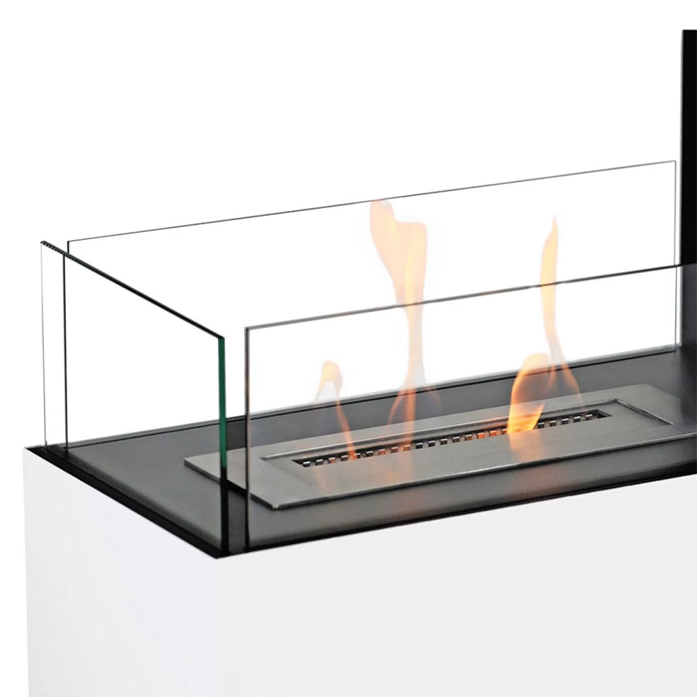 Close-up of Topeka White bioethanol fireplace showing flames through protective glass.
