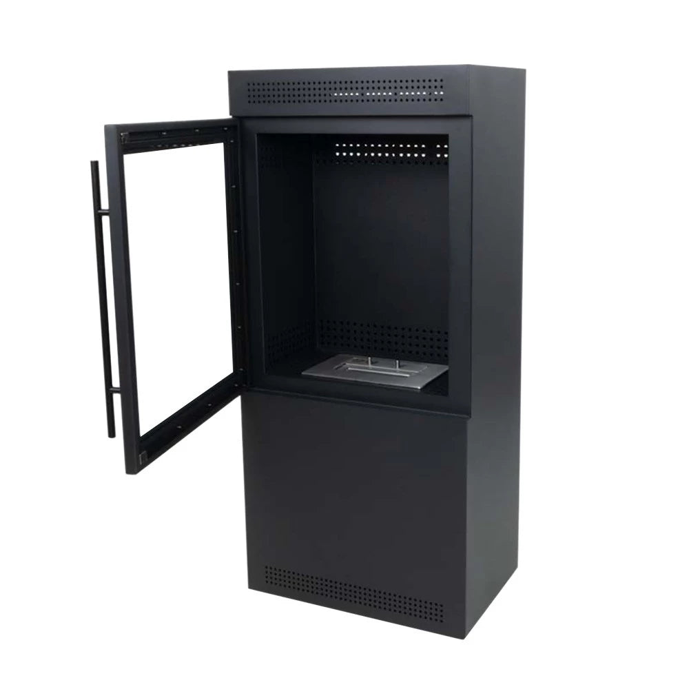 Jackson bioethanol stove in square design, showing open door and sleek black finish, ideal for freestanding setups.