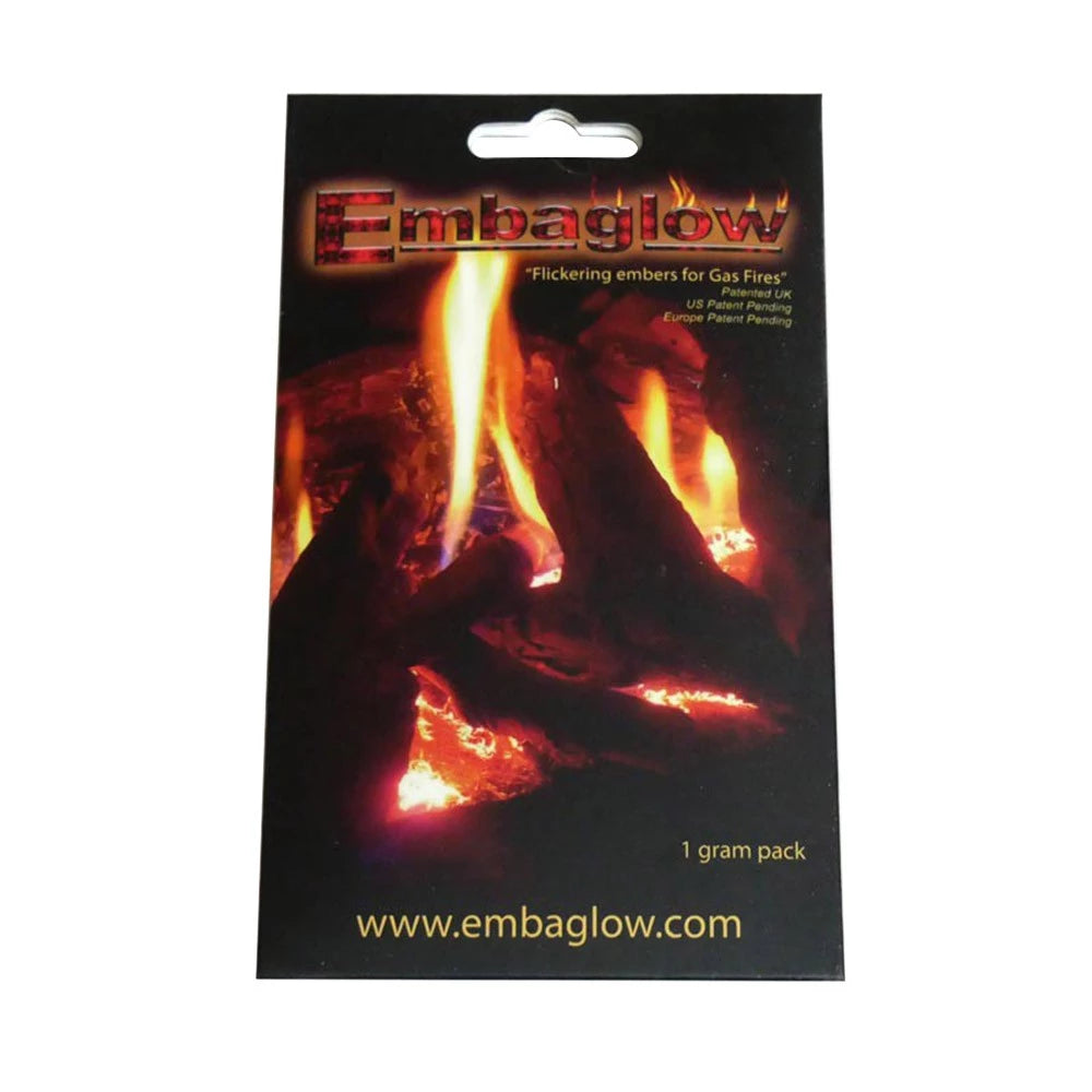 Embaglow packaging featuring flickering embers for gas fires, 1 gram pack, designed for enhanced fireplace aesthetics.