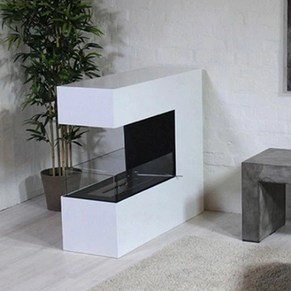 Topeka White Powder Coated Steel Biofireplace, freestanding design with glass tiles for enhanced flame view.