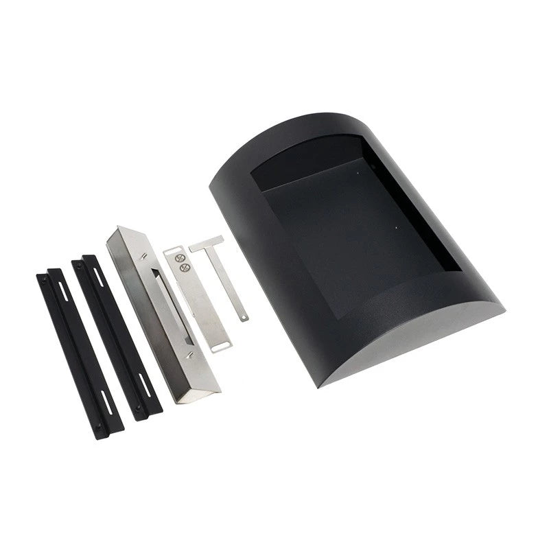 Ocean black bio wall fireplace components, featuring a modern curved design and contemporary steel accessories.