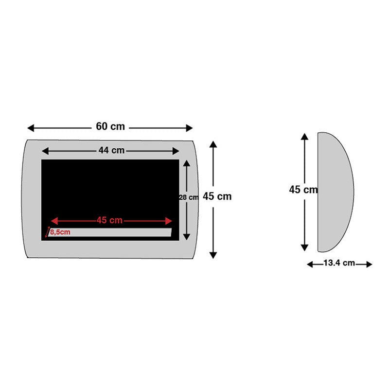 Dimensions diagram of the Ocean black bio wall fireplace, showing measurements in cm for a modern design.