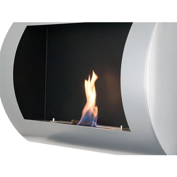 Ocean black bio wall fireplace with modern curved design and vibrant flame.