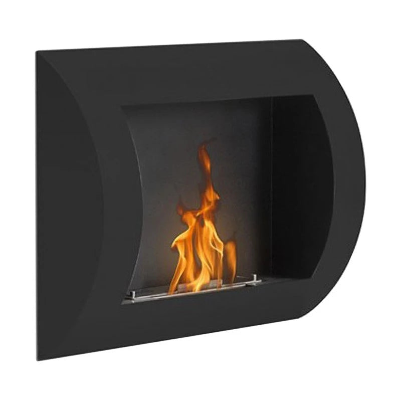 Ocean wall-mounted black bio fireplace with elegant curved design and vibrant flames.