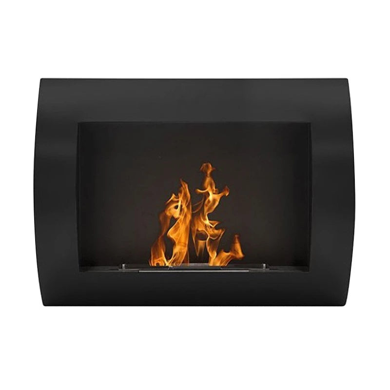 Ocean black bio wall fireplace featuring a modern curved design and vibrant flames for contemporary decor.