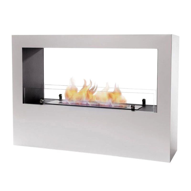Lansing freestanding bioethanol fireplace in white with visible flames, ideal as a room divider.