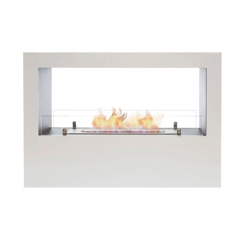 Lansing freestanding bioethanol fireplace in white with flames visible from both sides, ideal for room division.
