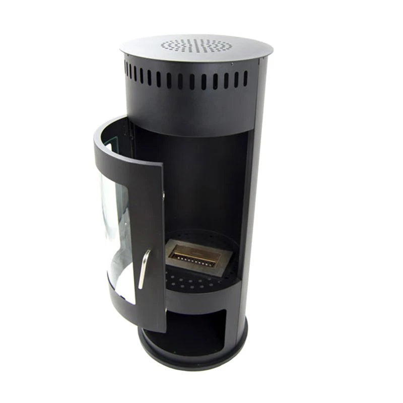 Washington bioethanol wood-burning stove with a sleek black cylindrical design and glass door.