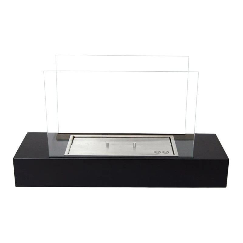 Freestanding black bioethanol fireplace with two glass panels for enhanced flame visibility.
