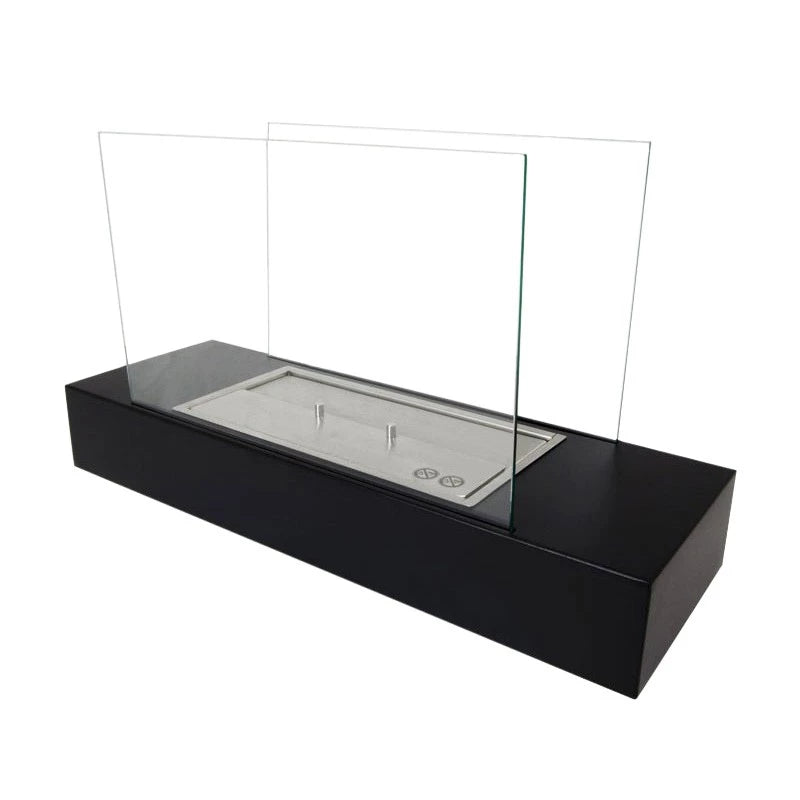 Freestanding black bioethanol fireplace with two glass panels, ideal for table or floor placement.